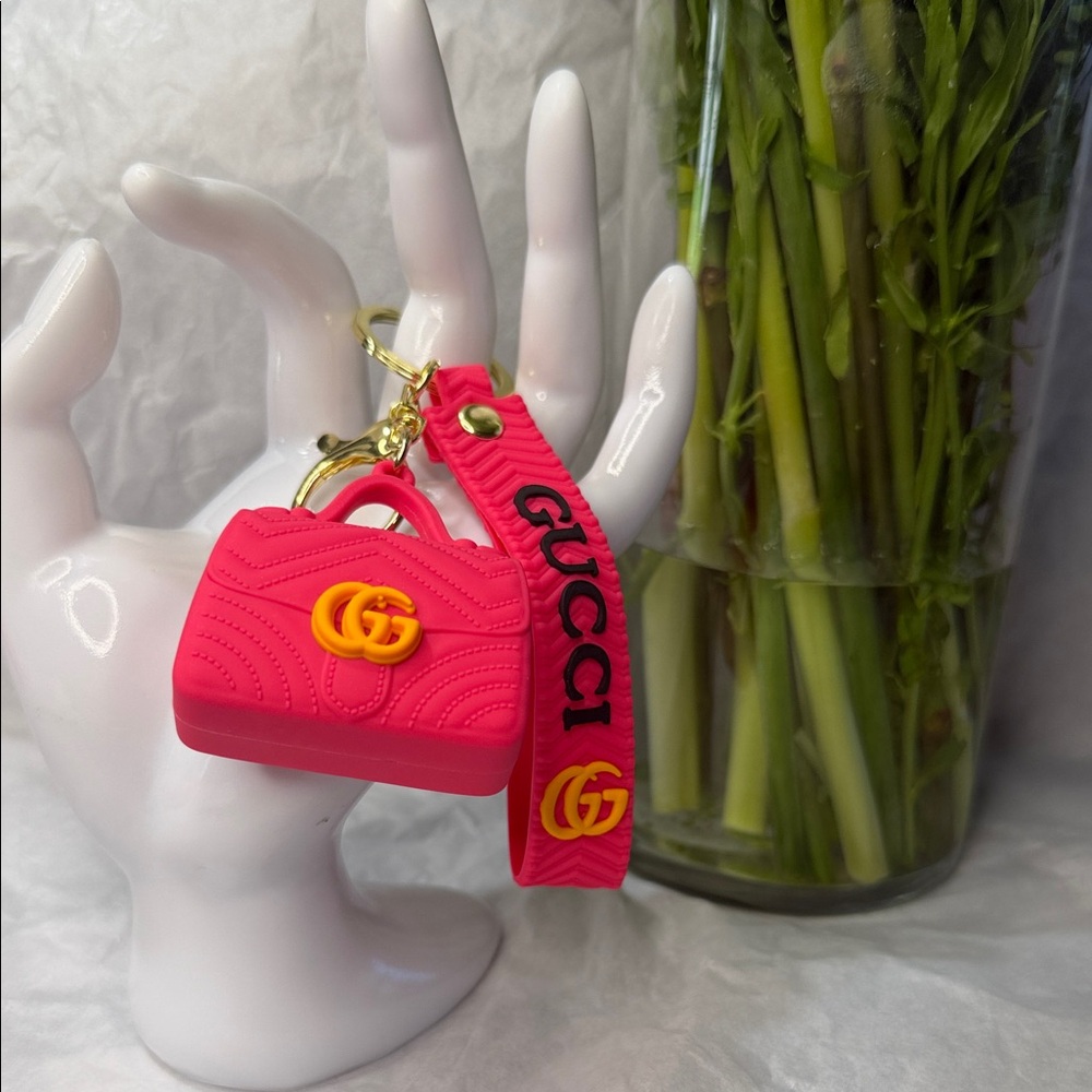 Hot Pink Mini GG Charm Bag Keychain with Yellow Logo Strap